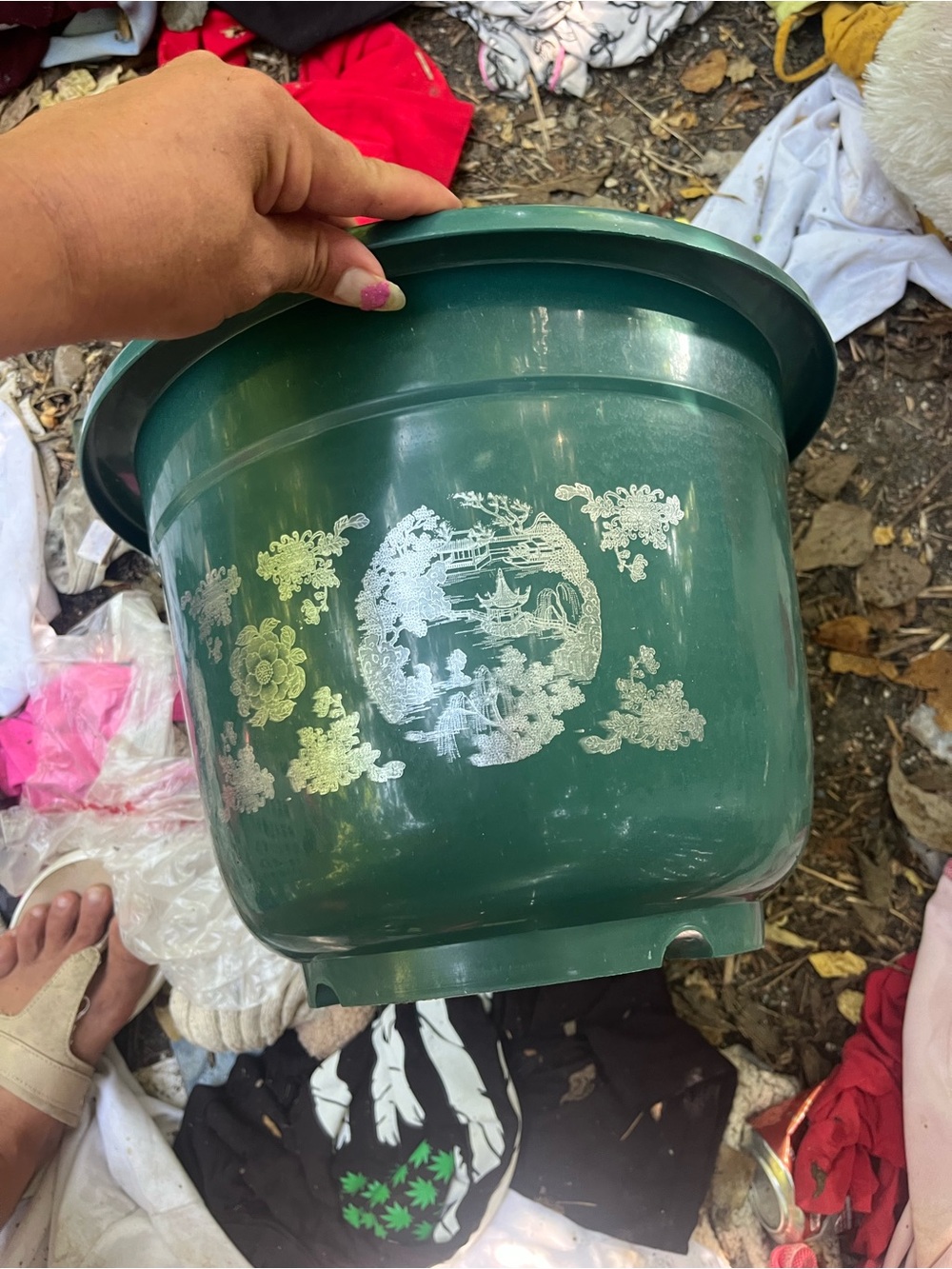 Decorative Green Plastic Planter with Silver Asian Motif